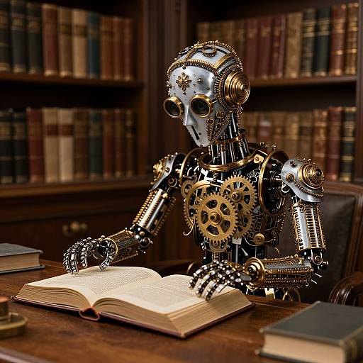 Photograph of a steampunk-style robot with brass gears and cogs, reading an open book in a dimly lit library.