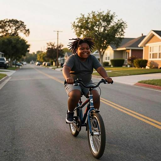 Boy Riding Bicycle on Suburban Street at Golden Hour