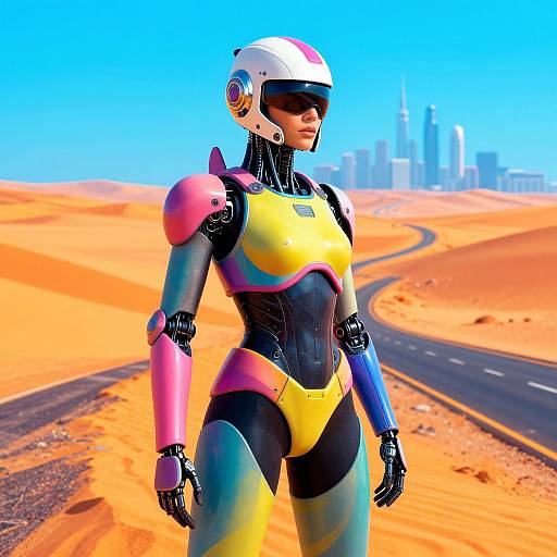 CGI image of a futuristic female robot with colorful armor, white helmet, and sunglasses standing in a desert with a winding road and city skyline in the
