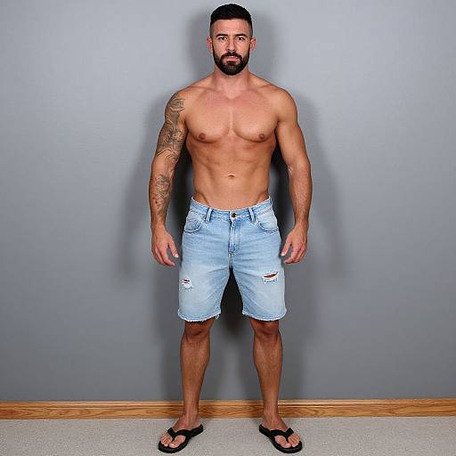 Photograph of a muscular, bearded man with tattoos on his right arm, wearing light blue denim shorts and black flip-flops, standing against a