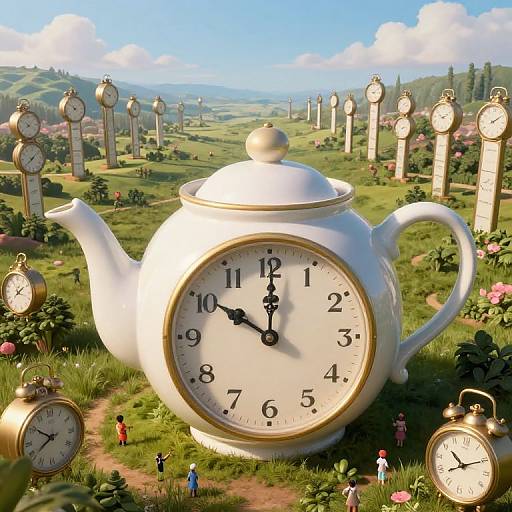 Whimsical digital art: giant white teapot clock with black hands, surrounded by smaller clocks, in lush, rolling countryside with tiny people.