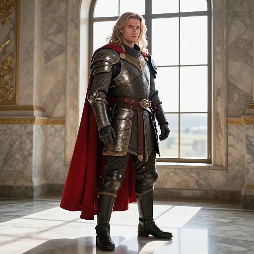 Photograph of a blonde man in medieval-style silver armor with a red cape, standing in a marble-floored, sunlit room.