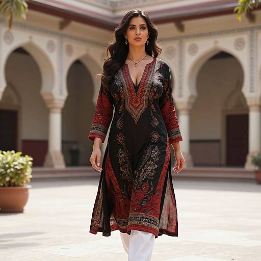 Photograph of a dark-haired woman in a black and red ornate traditional Indian tunic, walking in a sunlit courtyard with arches and p