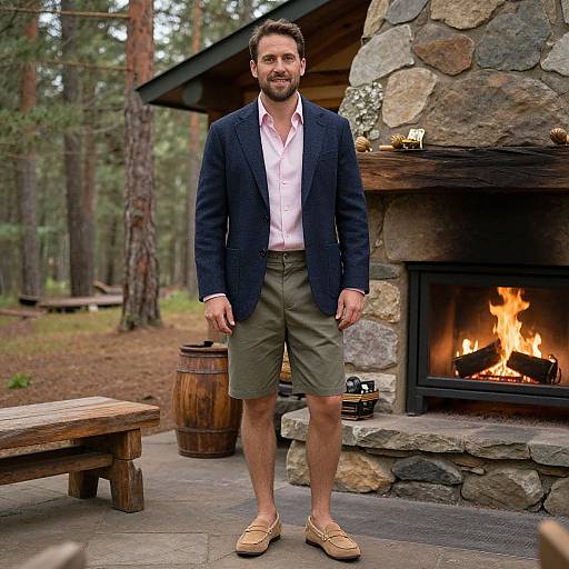 Photograph of a bearded man in a navy blazer, white shirt, olive shorts, and tan loafers, standing by a stone fireplace in