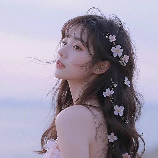 Photograph of an Asian woman with long, wavy black hair adorned with pink flowers, smiling gently at the camera against a soft blue sky.