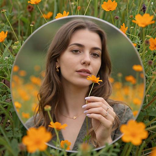 Photograph of a young woman with long brown hair, holding an orange flower, reflected in a circular mirror amidst a vibrant field of orange poppies.