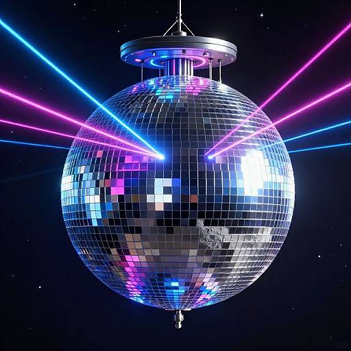 Photorealistic CGI of a mirrored disco ball with neon blue and pink laser beams radiating against a starry black background.