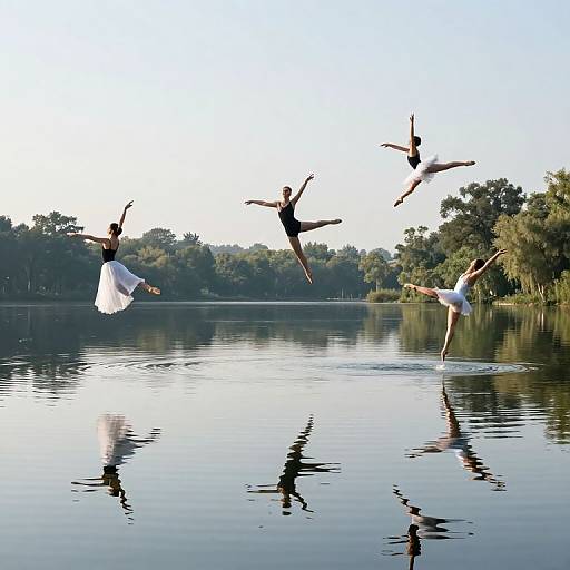 Photograph of four ballet dancers, two in white dresses, two in black leotards, mid-jump over a calm lake, reflections visible,