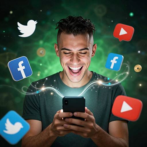 Photograph of a smiling young man in a black t-shirt, holding a smartphone, surrounded by social media icons (Facebook, Twitter, Instagram, Play