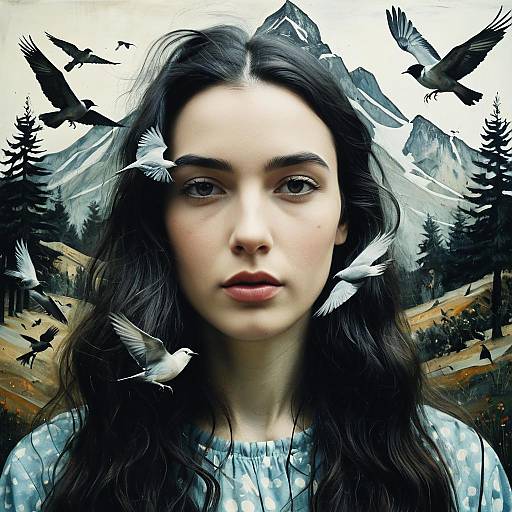 Surreal Portrait with Birds and Mountain Landscape