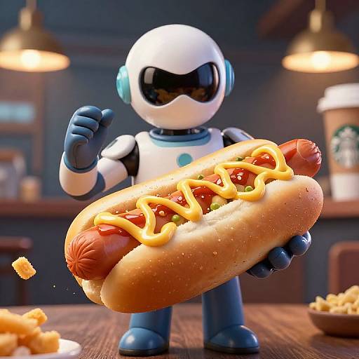 CGI image of a futuristic robot with a white helmet and black mask, holding a giant hot dog with yellow mustard and ketchup, in a warm