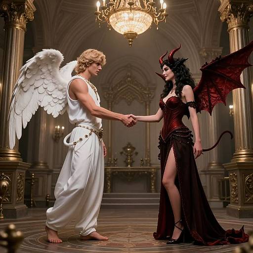 Digital artwork: Angel with white wings and white robe shaking hands with demoness with black hair, red horns, wings, and dark dress in ornate