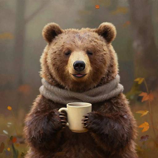 Photograph-style digital illustration of a cute, fluffy brown bear with a gray scarf, holding a white mug in a forest with autumn leaves.