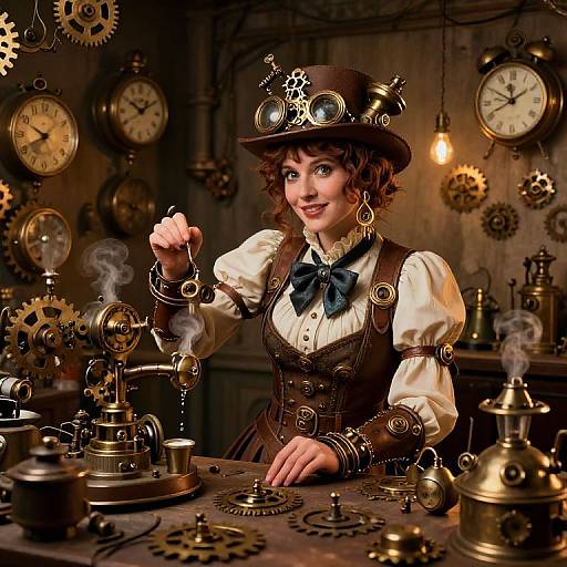 Steampunk woman with curly brown hair, top hat, and corset, adjusts brass gear, surrounded by clock gears and steam pipes in dimly