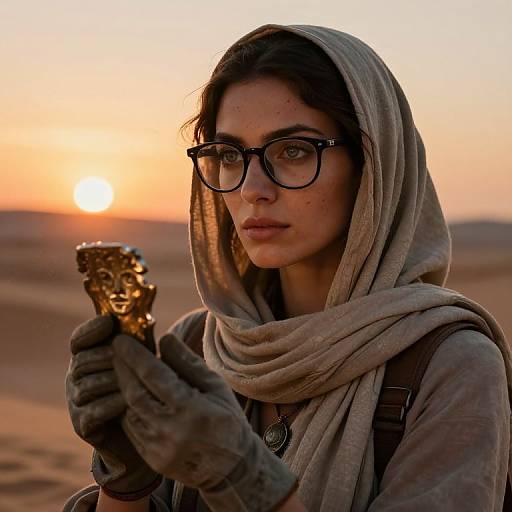 Photograph of a woman with dark hair, glasses, and brown hooded cloak, holding a golden statue in a desert at sunset.