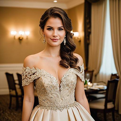 Elegant Woman in Champagne Engagement Dress