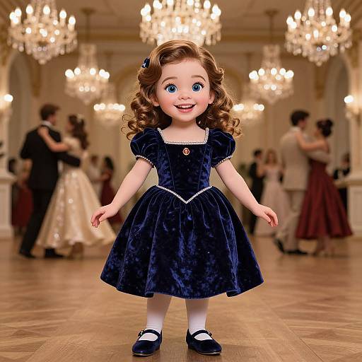 Photorealistic CGI of a smiling young girl with curly brown hair, wearing a dark blue velvet dress and black shoes, standing in a luxurious ballroom