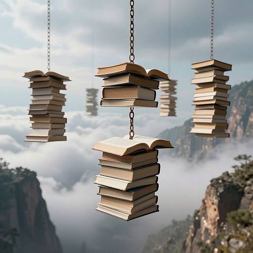 Photograph of three hanging book stacks, each chained, above a misty mountainous landscape, with peaks and clouds in the background.