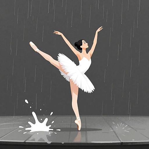 Digital art of a ballerina in a white tutu, dancing on one leg in a rainstorm with water splashing on the floor. Dark