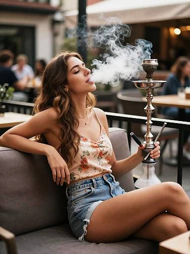 Woman Smoking Shisha on Outdoor Cafe Terrace