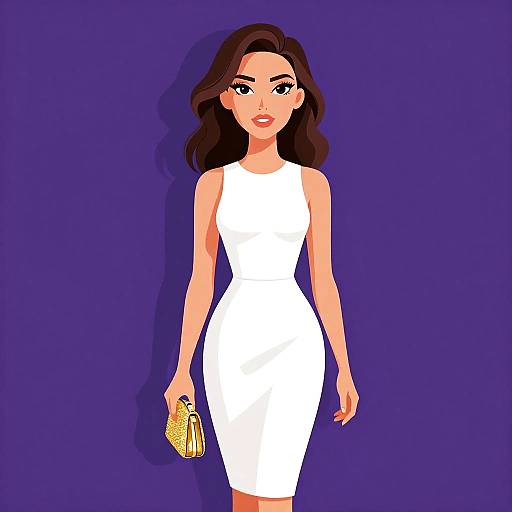 Digital illustration of a stylish woman with wavy brown hair, wearing a white sleeveless dress, holding a yellow textured clutch, against a solid purple background