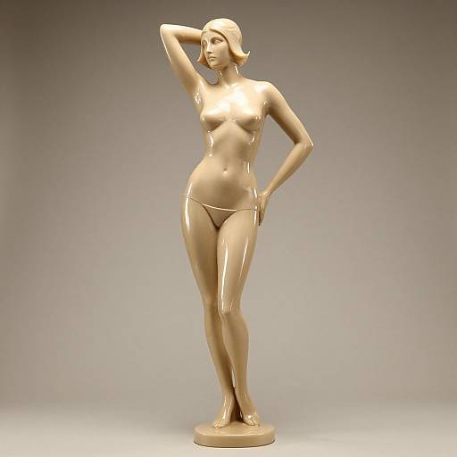 Photograph of a shiny, gold-colored, nude female statue with one arm raised and hand behind head, standing confidently on a round base.
