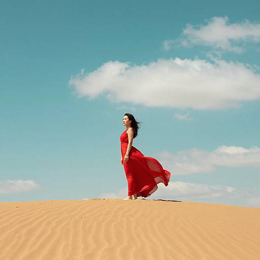 Photograph of a woman with long black hair, wearing a flowing red dress, standing on a sunlit sand dune under a bright blue sky with