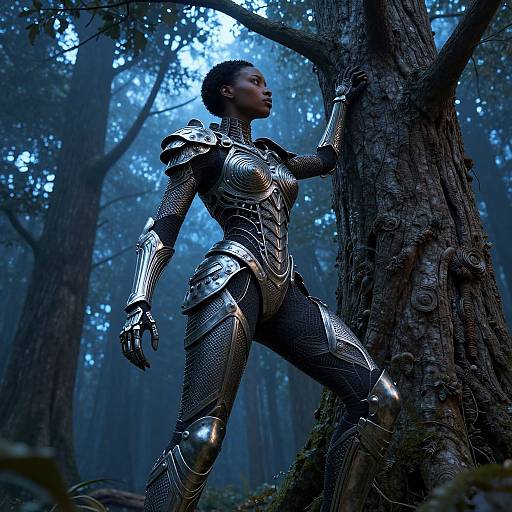 CGI image of a dark-skinned woman in metallic, futuristic armor standing confidently against a misty forest tree, glowing blue light filtering through dense trees
