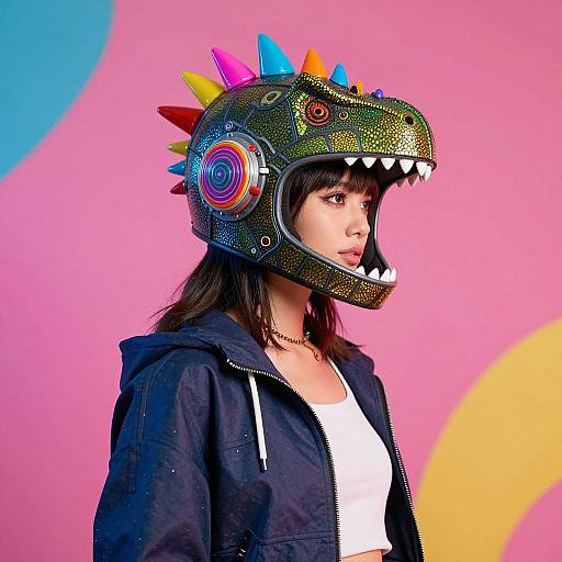 Photograph of a young woman with long dark hair, wearing a colorful, spiked, metallic dragon helmet and a navy hoodie, against a pink and blue