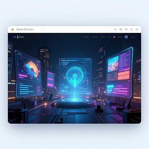 Neon-lit digital interface in a futuristic cityscape, featuring three glowing screens with vibrant blue and pink holographic interfaces, centered on a circular holog