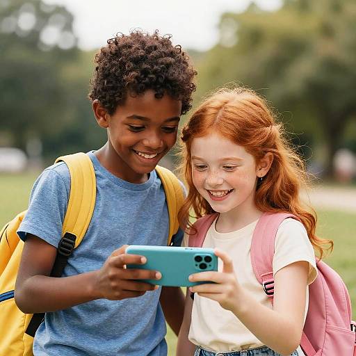 Happy Children Using Smartphone Outdoors
