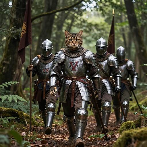Medieval Cat Soldiers Marching Through Forest