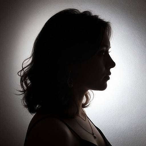 Silhouette photograph of a woman with shoulder-length wavy hair, wearing a necklace, profile view against a bright white background.