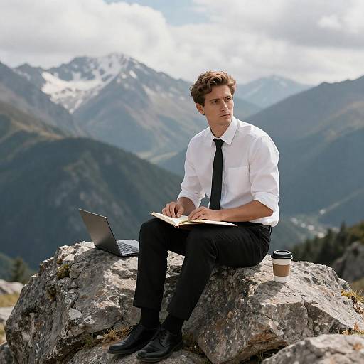 Man at Mountain Peak with Notebook
