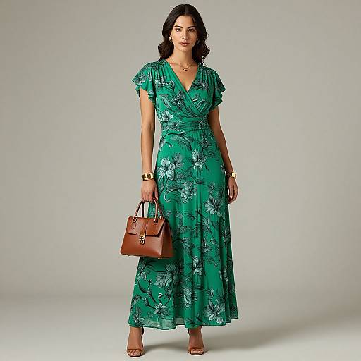Photograph of a confident woman with dark hair in a green floral dress, holding a brown handbag, wearing gold jewelry, and standing against a plain
