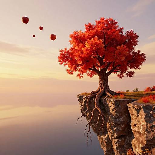 Digital artwork of a vibrant red tree with exposed roots on a cliff, apples floating above, serene sunset sky, and calm water below.