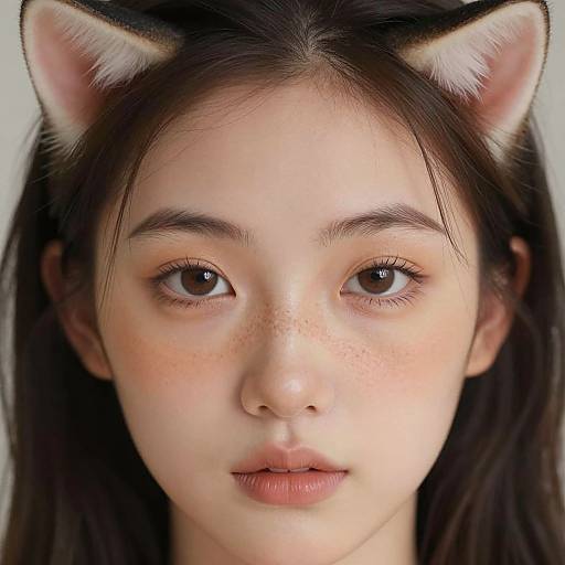 Digital portrait of an Asian woman with fair skin, brown eyes, and dark brown hair, wearing white cat ears, with soft light highlighting her freck