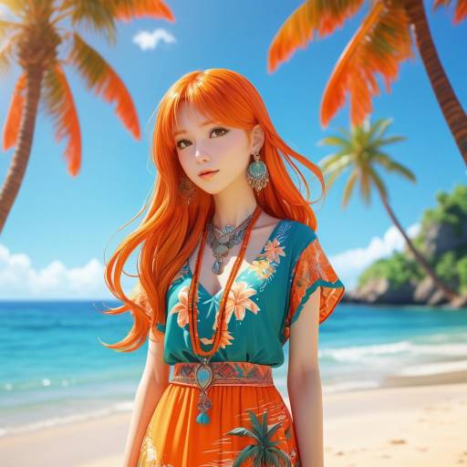 Vibrant Anime Woman on Tropical Shore Vibrant Anime Woman on Tropical Shore