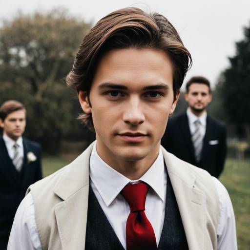 Young Man in Red Tie with Two Men Outdoors