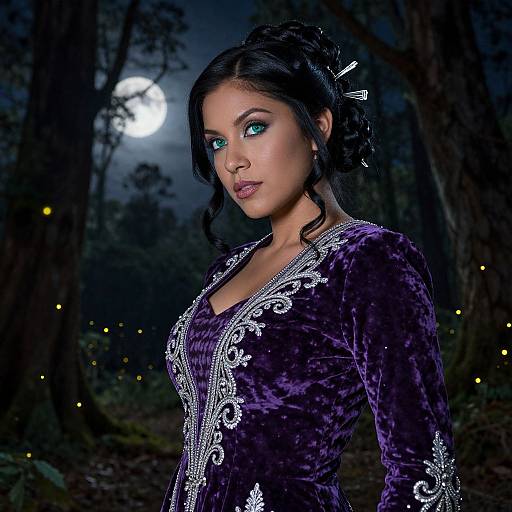 Photograph-style CGI of a woman with glowing blue eyes, dark hair, and a purple velvet dress with silver embroidery, standing in a moonlit forest