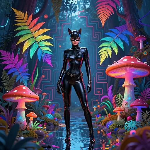 Catwoman in Psychedelic Rainbow Forest