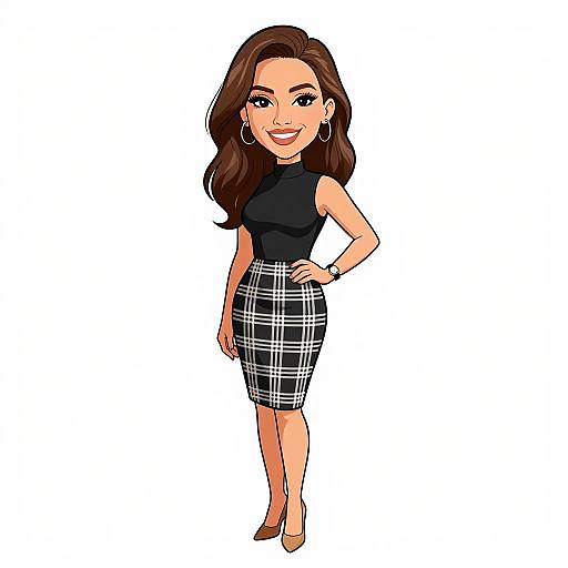 Cartoon-style drawing of a smiling woman with long brown hair, wearing a black sleeveless top and black-and-white plaid skirt, standing confidently with