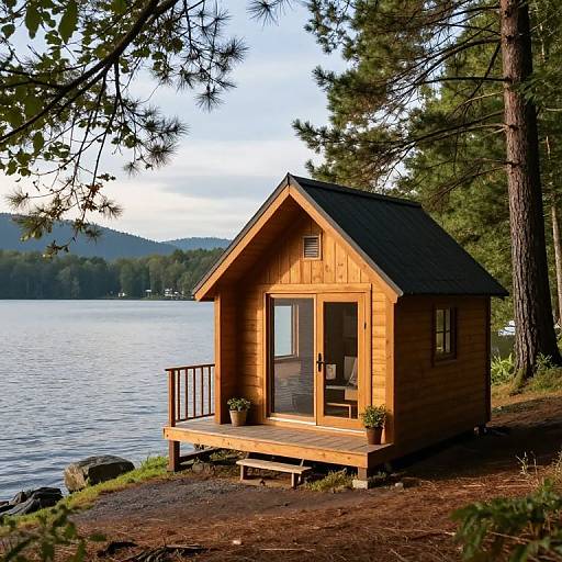 Photograph of a wooden, A-frame cabin with a porch, sitting on a lakeshore surrounded by tall trees, during sunset.
