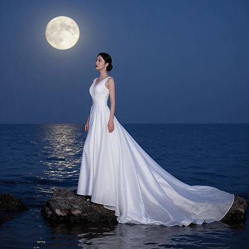 Photograph of a fair-skinned woman in a white, sleeveless wedding dress with a long train, standing on rocks by the sea at night,