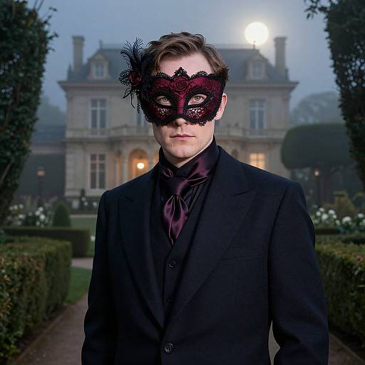 Photograph of a fair-skinned man in a black suit, dark shirt, and intricate black lace masquerade mask, standing in front of a