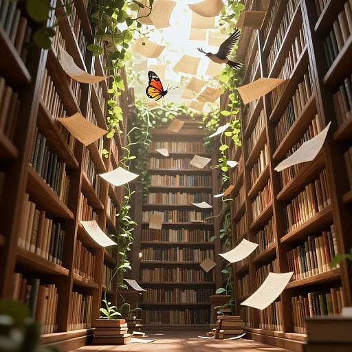 Photorealistic digital art of a sunlit library aisle with floating papers, ivy, and a butterfly, surrounded by towering bookshelves.