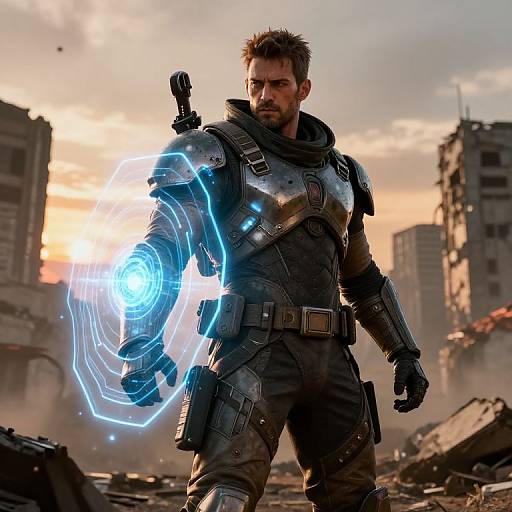 Photorealistic CGI of a muscular, bearded man in futuristic armor with glowing blue energy hand, standing amidst a ruined, war-torn city at
