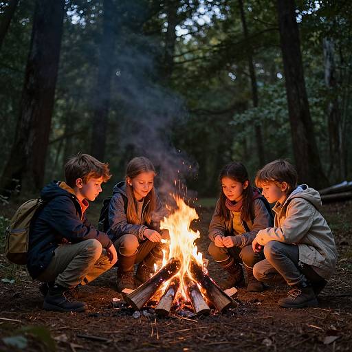 Photograph of four children, three boys and one girl, squatting around a campfire in a dark forest at dusk, watching the flames.