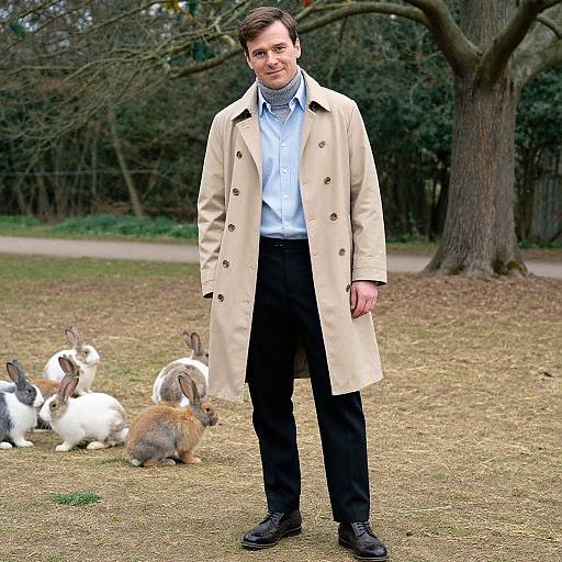 Photograph of a smiling man in a beige trench coat, blue shirt, black pants, standing in a grassy park with five rabbits.