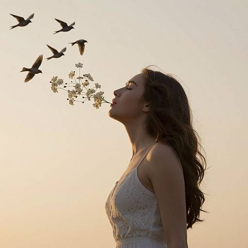Photograph of a woman with long brown hair, wearing a white lace dress, blowing a dandelion puff into the sky with birds flying nearby,